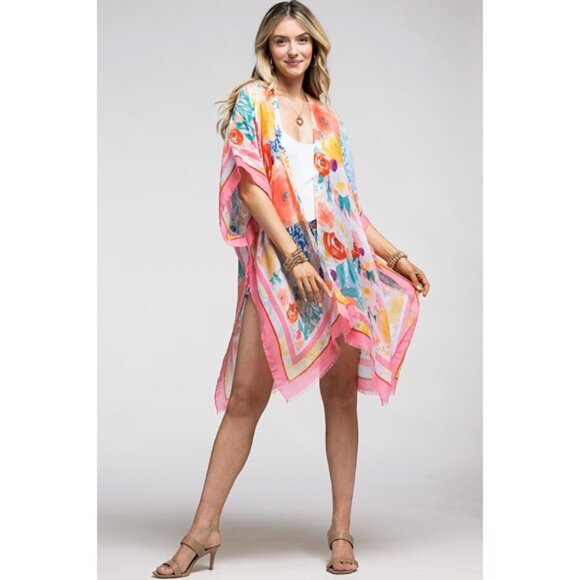 Pink Floral Print Contrast Border Spring Summer Kimono Open Wrap Coverup Top - Picture 1 of 5